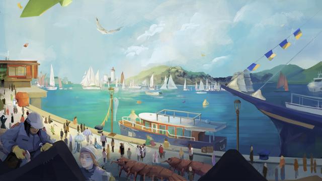 digital painting illustration showing a busy port with docked ships and crowd of people who came to celebrate the sea and ships. A large amount of modern and historical sailing ships are seen in the bay.