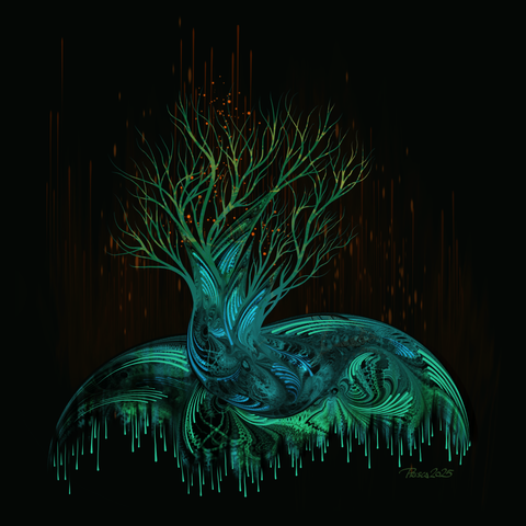watercolour & ink; a rounded shape of blues and greens with fractal texture from which luminous drops fall vertically down forms the ground from which a chunky trunk of a tree emerges, it's branches are bare, the background is rust red with vertical straps of faded light, small dots of are visible in orange glow