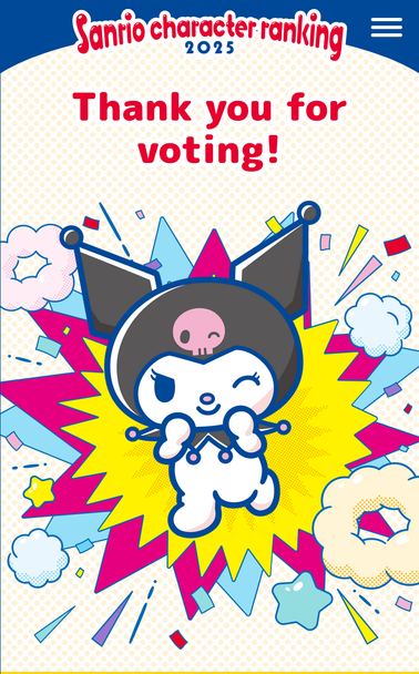 Sanrio Character voting with the text "Thank you for voting!" and Kuromi below that