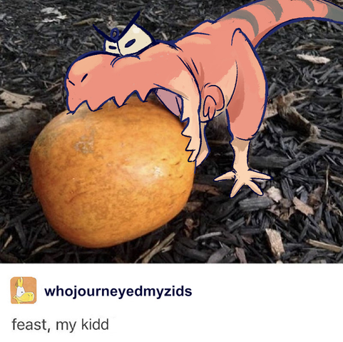 "Feast, my child" meme with an opossum, edited with Kidd and Zid