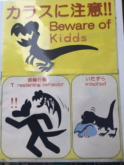 Japanese "beware of crows" sign meme, edited with Kidd