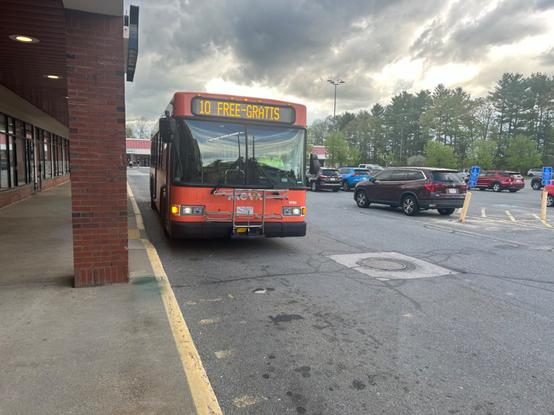 orange gillig running on the mvrta 10 at the village plaza strip mall. it’s signed “10 free-gratis”