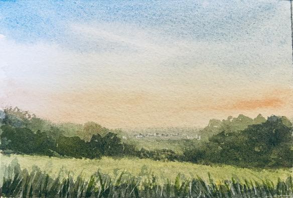 Tall grass in the foreground leads to rolling fields and dense tree lines, with a distant village barely visible under a vast, open sky.