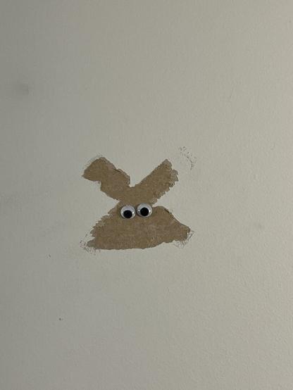 chipping white paint reveals a brown wall underneath, in roughly the shape of a bunny. someone has also added googly eyes.