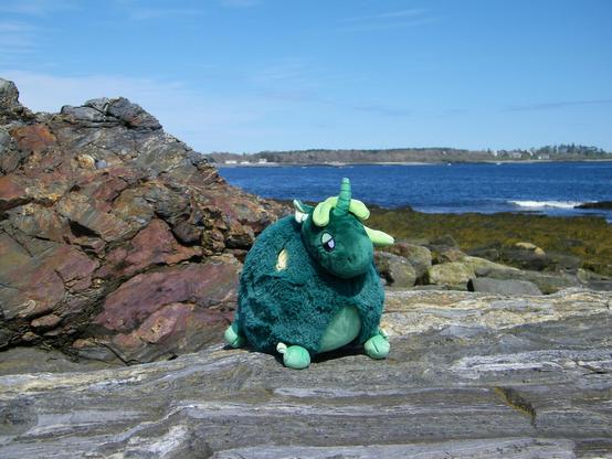 A photograph of the ocean with blue skies. A green plush creature, with a horn and seaweed, is on the rocks in front of the ocean. There is LOTS of seaweed on the beach -- completely covering it.