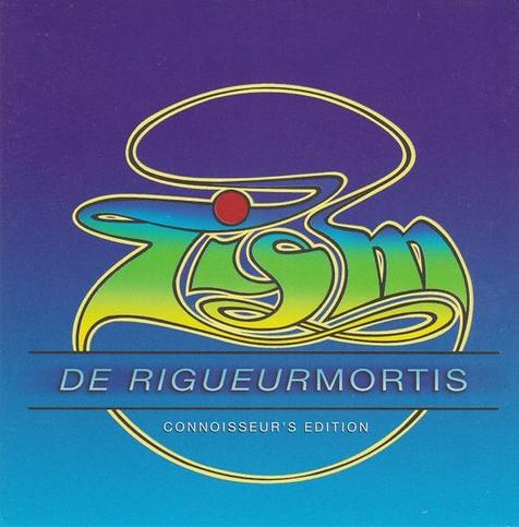 The cover of the TISM album "De Rigueurmortis" on which the background is a purple to light blue gradfient. The band's name name and album title are down in blue, green and yellow hues in style that is reminiscent of late 20th century psychedelic styles.