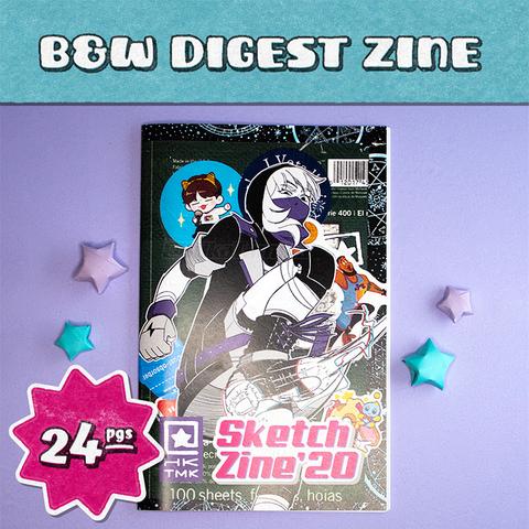 Cover of my 2020 Sketch Zine, which has my original character on the front, kicking. Graphics declare it's digest size and 24 pages long.