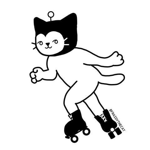 A black and white cartoon cat roller skates to the left