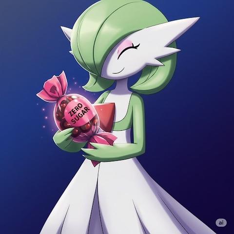 A Google Gemini generated image of a Gardevoir that is joyfully holding a gift wrap package full of Rare Candies. The wrapper is labeled "ZERO SUGAR." The background is a gradient of blue.