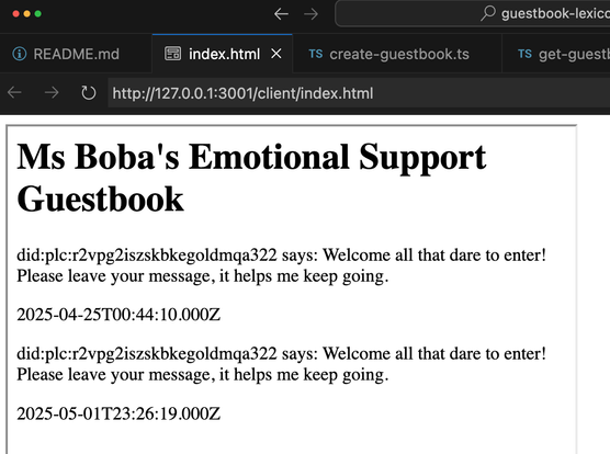 A screenshot of Ms Boba's emotional support guestbook running on localhost