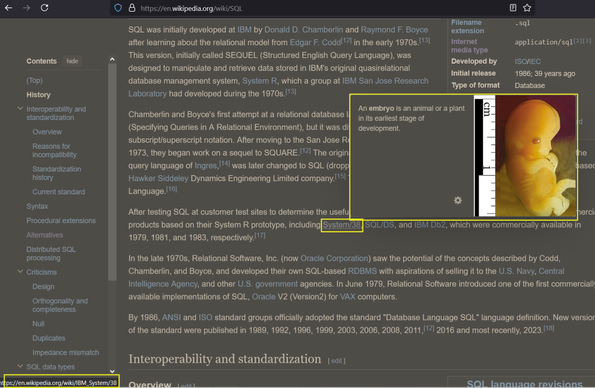 wikipedia page for SQL showing a link being hovered over, revealing a snippet from the wikipedia page for an embryo.
