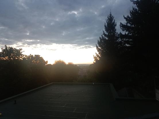 Vordergrund mit Flachdach. Links + rechts Bäume und Sträucher. Im Hintergrund Häuser bzw. deren Dächer und am Horizont sind der beginnende Sonnenaufgang und der bewölkte Himmel zu sehen.