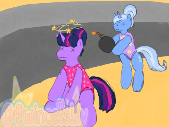 Mlp fanart
Dizzy Twilight with sneaky Trixie holding a bomb from behind