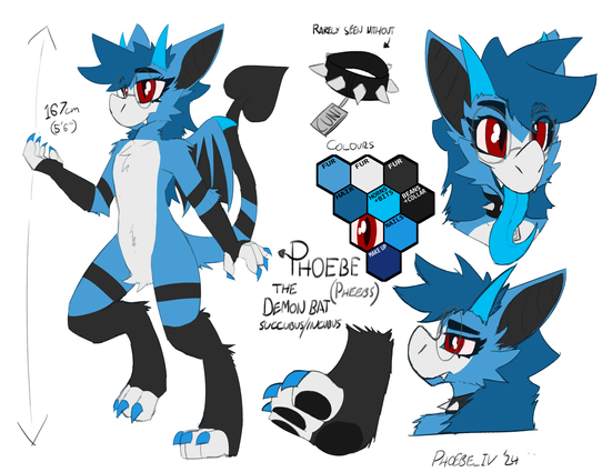 reference sheet for my red-eyed demon bat Phoebe. They are blue with white snout, underside, fingers and toes. Black sock/glove fur pattern with an extra stripe on the upper part of the limbs. Tail is long with the spade shaped like a love heart. They're wearing big round glasses, and a spiked collar with a tag that says "cunt"