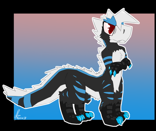 my fursona but they are a taur yutyrannus and colour scheme base colour is black not blue with blue markings (yutaurannus!!)