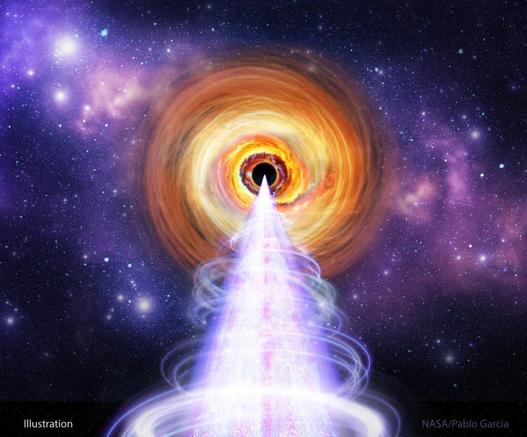 An artist's illustration of what the surroundings of the supermassive black hole at the center of BL Lac is shown. A white jet protrudes horizontally toward the bottom of the image, emanating from a orange accretion disk surrounding a black hole.