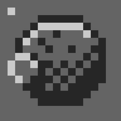 Pixel art piece featuring a grey planet, a smaller satellite on the middle left section and a small star represented as a bright dot in the upper left corner, everything is in gray tones and objects are lit by the star.