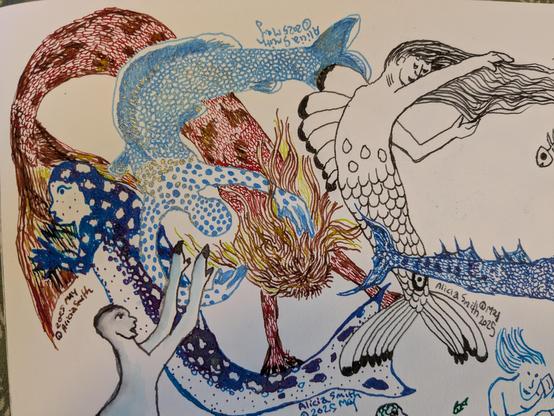 A red-brown scaled merperson with long hair dives amongst the previous drawings, who now seem to be interacting.