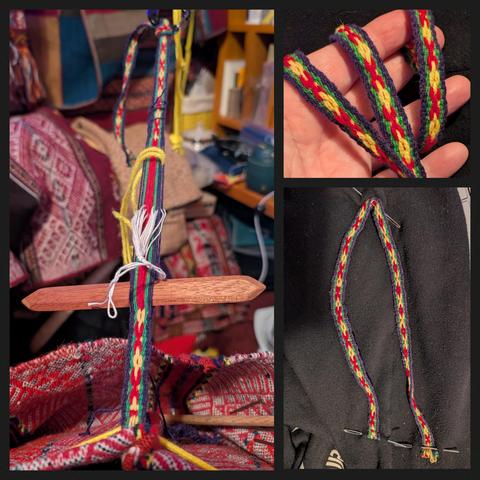 Collage of three pictures: Left, the middle of weaving from the far end back to the middle, right top bright band in Red Xs and yellow interlocking Os wrapped around my hand, bottom right whole band folded in half