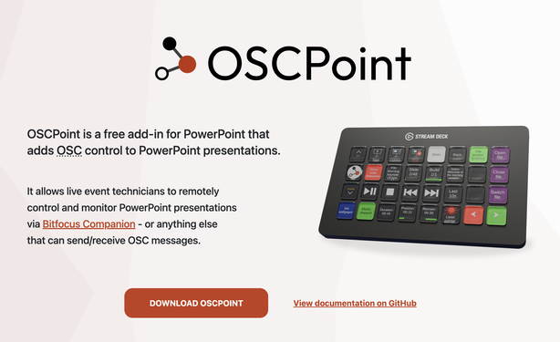 Screenshot z webu https://oscpoint.com

Text:
OSCPoint is a free add-in for PowerPoint that adds OSC control to PowerPoint presentations.
It allows live event technicians to remotely control and monitor PowerPoint presentations via Bitfocus Companion - or anything else that can send/receive OSC messages.