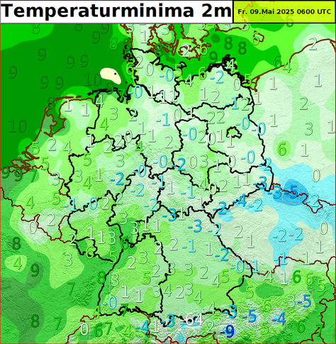 Tiefstwerte der vergangenen Nacht. Vor allem in den Tälern der zentralen und östlichen Mittelgebirge lagen die Werte heute Morgen auch in 2 m Höhe im frostigen Bereich.