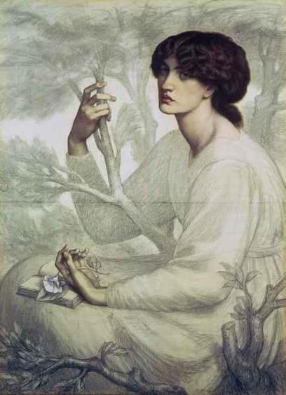 A masculine woman sits in an arbor. Her graceful hand holds a branch. Her other hand lays open in her lap beside a flower and open book. She has a pensive, melancholy look on. her face.  Everything but the hands, face and flower are in colour, everything else is sketched in black an white.