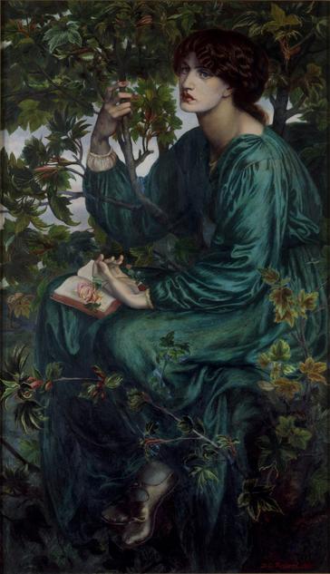 The same painting but the woman sits, full length and everything is painted in lush, green jewel hues.