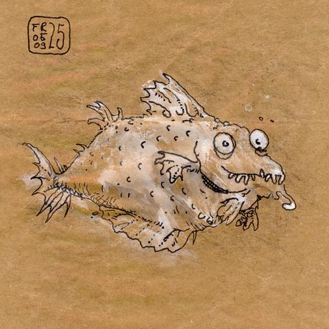 A blotch of white paint on slightly wrinkled brown paper, overdrawn with thin black lines to look like a fish. The fishes facial expression is somewhere between dazed and downright crazy. The upper right corner of the image has a rounded rectangular shape with the date: „FR 05 09 25“ for friday, the 9th of may, 2025.