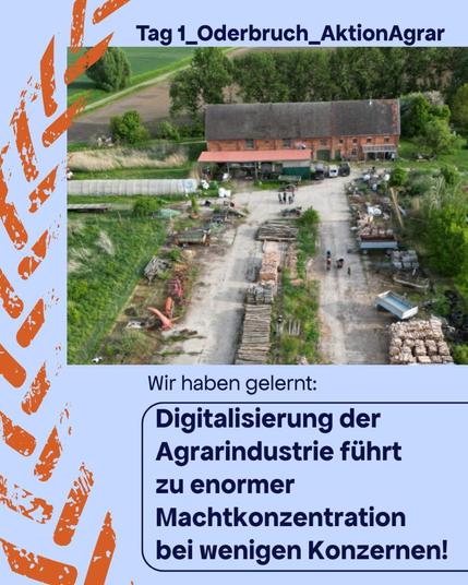 Hellblauer Hintergrund. Links die stilisierte Ähre, darunter das Disrupt-Logo. 
Titel: Tag_1_Oberbruch_AktionAgrar
Das Foto einer Drohne eines landwirtschaftlichen Hofes.
Wir haben gelernt: Digitalisierung der Agrarindustrie führt zu enormer Machkonzentration bei wenigen Konzernen!