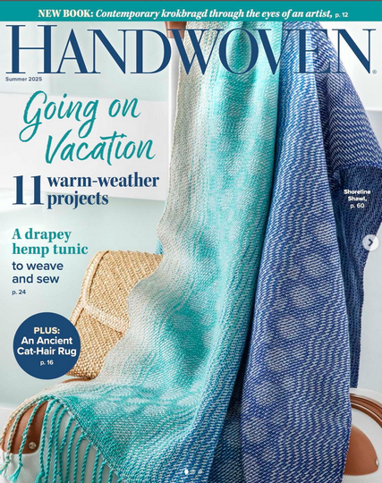 The cover of a magazine called Handwoven with a list of projects contained within the magazine. The cover picture is of a colourful wrap in a mix of greens and blues.
