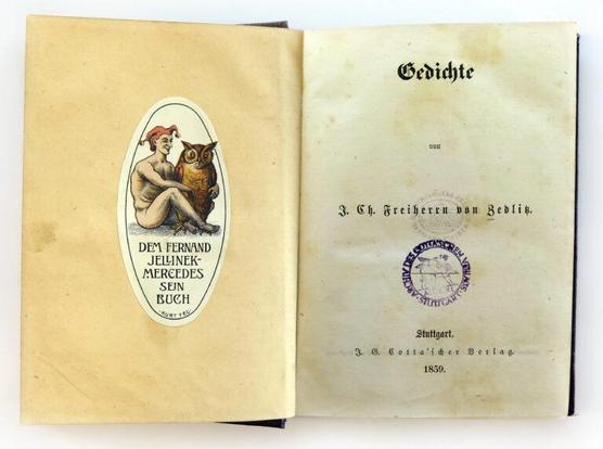 Bild eines Buches mit Ex Libris-Aufkleber "Dem Raoul Ferdinand Jellinek-Mercedes sein Buch"