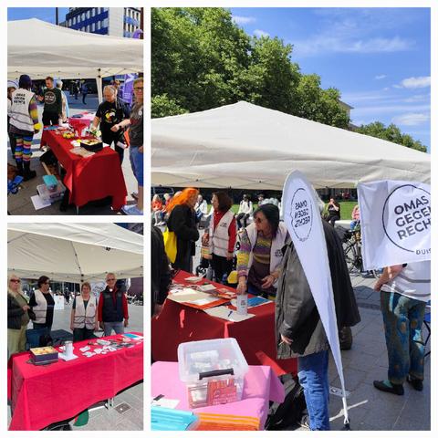 Eine Collage zeigt den Stand der Omas gegen rechts Duisburg aus verschiedenen Blickwinkeln, es sind Omas und Opas zu sehen, die unter einem weißen Pavillon an einem Tisch mit roter Tischdecke stehen und Kekse, Buttons und Infomaterial verteilen