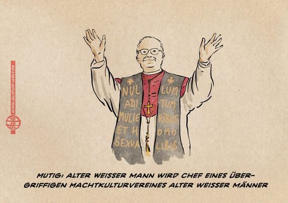 Illustration von Papst Leo XIV im Ornat, der lächelnd die Arme hebt. Auf der Pellerine, einem über die Schultern nach vorne gelegtem, breiten Schal steht auf Latein: Nullum aditum mulieribus et homosexualibus (auf Deutsch: Kein Zutritt für Frauen und Homosexuelle) Illustration von Papst Leo XIV im Ornat, der lächelnd die Arme hebt. Auf der Pellerine, einem über die Schultern nach vorne gelegtem, breiten Schal steht auf Latein: Nullum aditum mulieribus et homosexualibus (auf Deutsch: Kein Zutritt für Frauen und Homosexuelle)