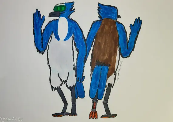 Cybird, a robot based on an anthropomorphic California Scrub Jay.  They have a green monochrome screen for eyes and the bottoms of their talons have an orange, sneaker-like pattern.  Alcohol markers on paper.