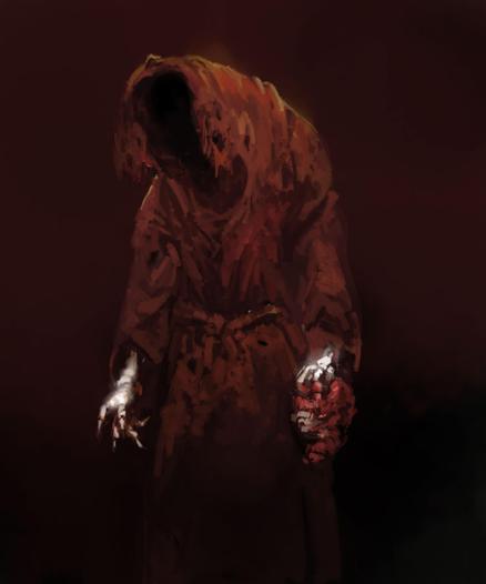Digital painting of mysterious character in tattered robes, holding bloody skull
