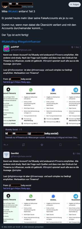 Screenshot eines Beitrags aus Bluesky, Inhalt: 

Mike Kuketz entlarvt Teil 3

Er postet heute mehr über seine FakeAccounts als je zu vor.

Dumm nur, wenn man dabei die Übersicht verliert und mit den Accounts durcheinander kommt....

Der Typ ist echt fertig!