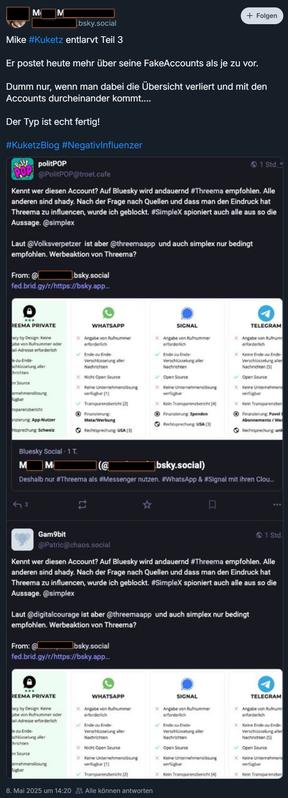 Screenshot eines Beitrags aus Bluesky, Inhalt: 

Mike Kuketz entlarvt Teil 3

Er postet heute mehr über seine FakeAccounts als je zu vor.

Dumm nur, wenn man dabei die Übersicht verliert und mit den Accounts durcheinander kommt....

Der Typ ist echt fertig!