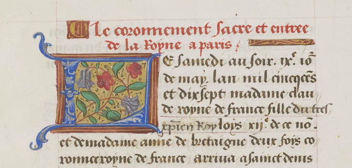 Détail d'une lettre ornée : bleue et rouge, emplie d'un fond jaune d'or avec des fleurs bleues et rouges et leurs feuilles vertes