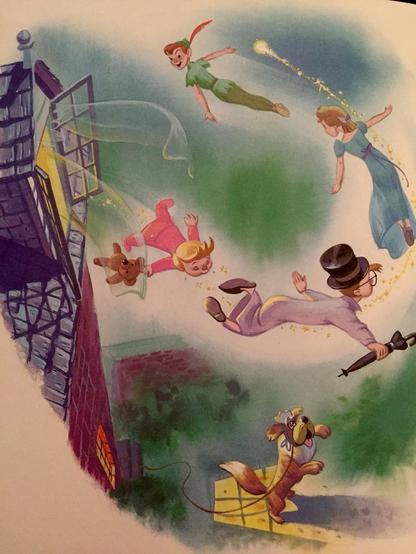 a vintage picture book illustration of the boy adventurer Peter Pan and the Darling children in their pajamas flying out of their upstairs bedroom window; Peter Pan leads them through a U-turn while the family dog barks at them; there's plenty of unpainted white space to make the characters stand out and leave space for the story text to be edited in later