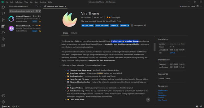 Screenshot of the biggest piss take in IDEs in history -- VSCode has replaced Material theme with a paid-for theme!