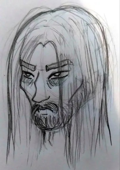 A pencil sketch of a skinny looking man with long unkempt hair, bushy beard and heavy eye bags.