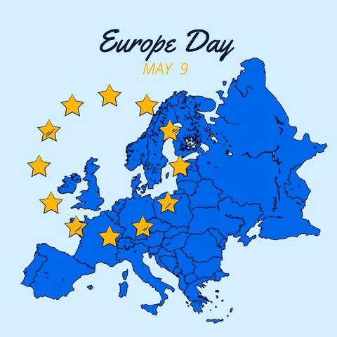 Karte der derzeitigen Mitgliedsstaaten der EU mit dem Titel Europe Day, 9.Mai