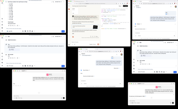 8 screenshots of different GPTs answering the same question. They've all been given a file and asked: "parse these strings, splitting on `with $n lessons` where $n is the number I want. Add up all the numbers and give me the sum. Just give me that, nothing else.".

All of them have different answers, giving wildly different numbers, which raises the question: which, if any, are right?