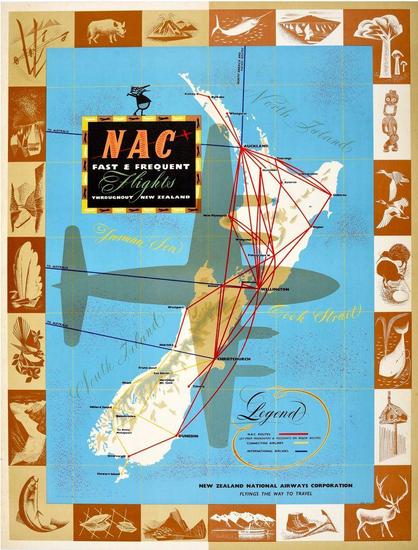 Large map of New Zealand with route the airline flies. There is the shadow of a plane over the map.