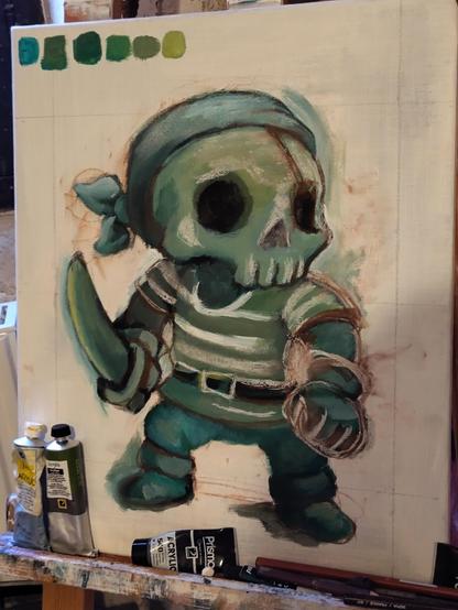 Une photo qui montre l' étape d'avancement d'une peinture. On voit les traits de construction et des marques à la craie blanche.
Le dessin représente un pirate avec une tête en forme de crâne qui porte un sabre à la main et un bandana.