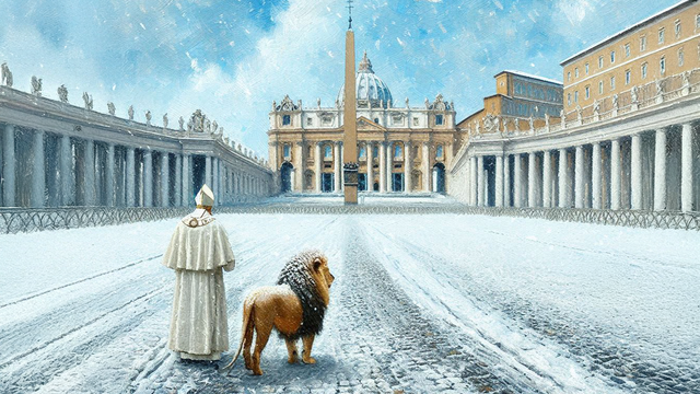The pope and a lion standing on a snow-covered, empty saint Peter's Square.