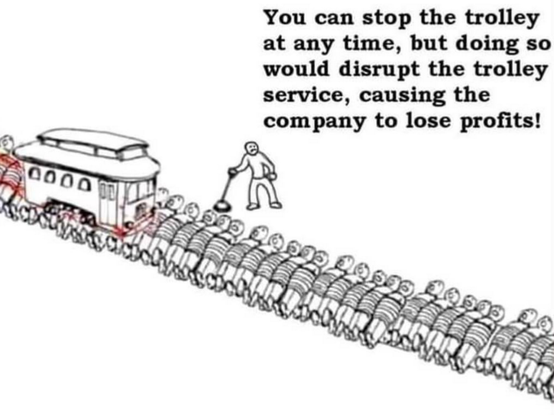 You can stop the trolley at any time, but doing so would disrupt the trolley service, causing the company to lose profits!
