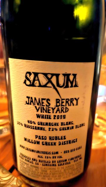 Informative back label of Saxum 2019 James Berry white, showing mostly Grenache Blanc and Roussanne with 23% Chenin Blanc. 15% alc