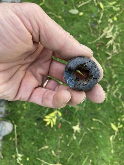 Composite object of lead and waterlogged wood. A fragment of wood has detached within the finds bag. The object is a small round lead 'wheel shaped' with a central circular perforation with three slits around the edge. A roundel of waterlogged wood is secured within the wheel with two wooden facings on each side with bevelled edges. There is significant loss of wood on each side. The lead is in very good condition with no observed carbonate compounds or disfigurement. Slight incomplete gap in lead roundel suggests the lead has been cast on to the wood. The ends have been worked with the original surface at each end being carved from a radially faced billet of heartwood. Faint marking out line around circumference of each original wooden end.