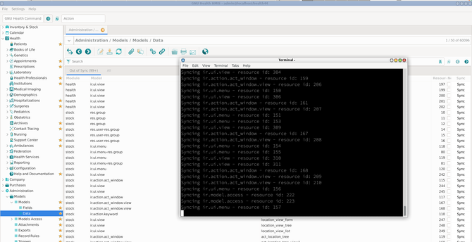 Screenshot of the GNU Health HIS GTK client and a terminal window on a XFCE desktop from a Void Linux box.
The terminal is running a synchronization script to update data from the filesystem into the GNU Health demo database .